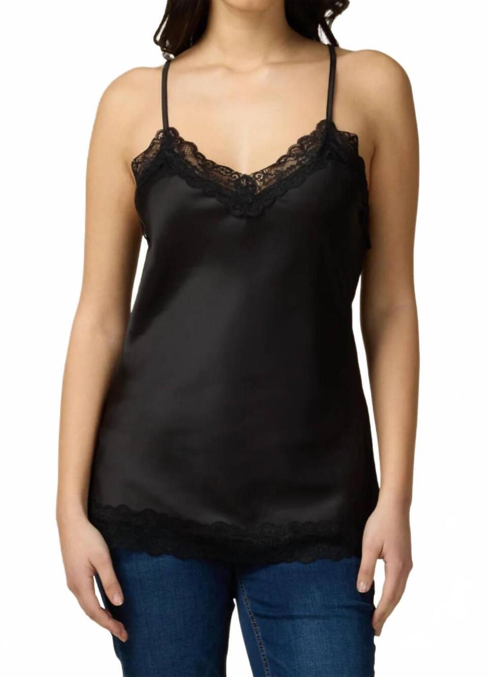 NEW OLTRE satin lace trim top in black